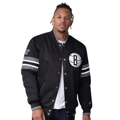 STARTER Men's Starter Black Brooklyn Nets Scout Varsity Satin Full-Snap Jacket 