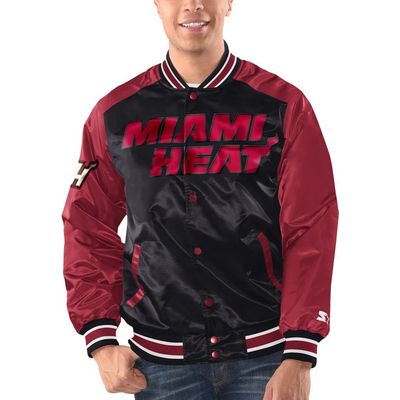 STARTER Men's Starter Black/Red Miami Heat Renegade Satin Full-Snap Varsity Jacket 