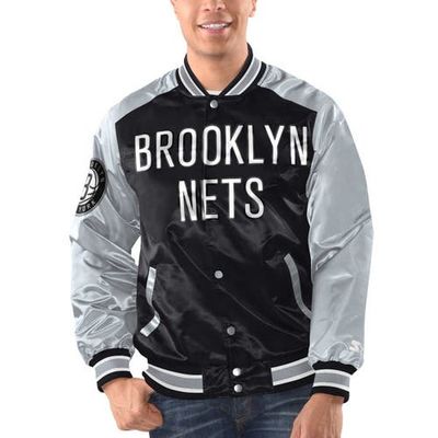 STARTER Men's Starter Black/Silver Brooklyn Nets Renegade Satin Full-Snap Varsity Jacket 