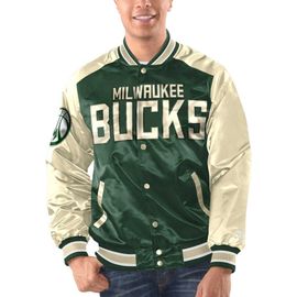 STARTER Men's Starter Hunter Green/Cream Milwaukee Bucks Renegade Satin Full-Snap Varsity Jacket 