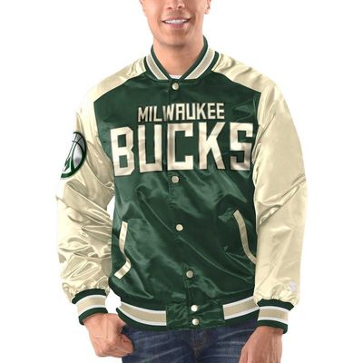 STARTER Men's Starter Hunter Green/Cream Milwaukee Bucks Renegade Satin Full-Snap Varsity Jacket 
