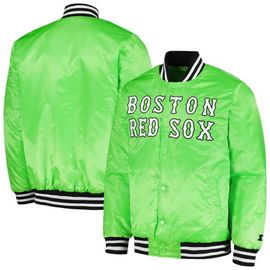 STARTER Men's Starter Neon Green Boston Red Sox Cross Bronx Fashion Satin Full-Snap Varsity Jacket 
