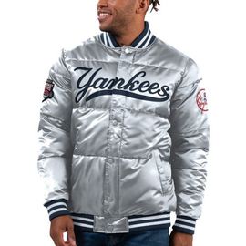 STARTER Men's Starter Silver New York Yankees Bronx Satin Full-Snap Varsity Bomber Jacket 