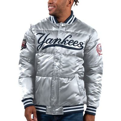 STARTER Men's Starter Silver New York Yankees Bronx Satin Full-Snap Varsity Bomber Jacket 