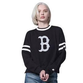 STARTER Women's Starter Black Boston Red Sox Rally Cropped Drop Shoulder Crewneck Sweatshirt 