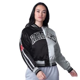 STARTER Women's Starter Black/Silver Las Vegas Raiders Zone Blitz Cropped Full-Snap Satin Jacket 