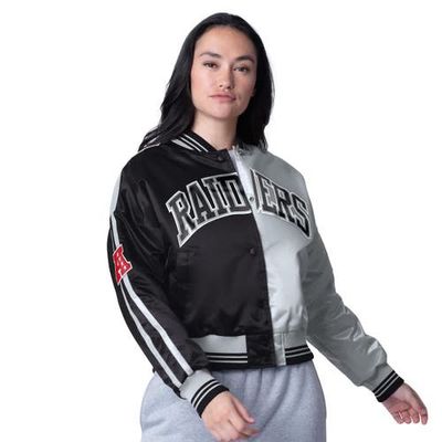 STARTER Women's Starter Black/Silver Las Vegas Raiders Zone Blitz Cropped Full-Snap Satin Jacket 