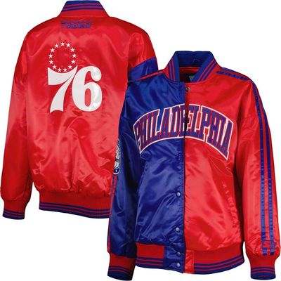 STARTER Women's Starter Royal/Red Philadelphia 76ers Split Colorblock Satin Full-Snap Varsity Jacket 