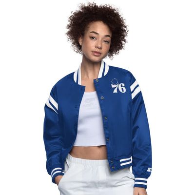 STARTER Women's Starter Royal/White Philadelphia 76ers Full Count Satin Full-Snap Varsity Jacket 