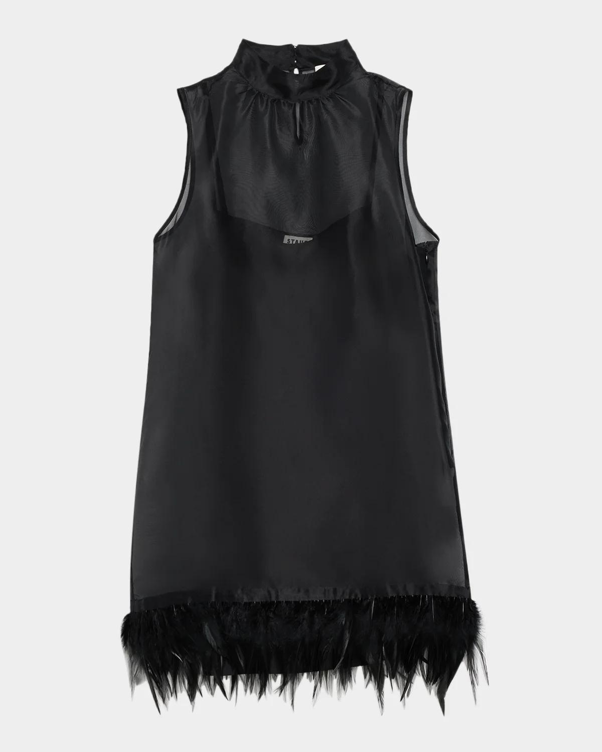 STAUD Albee Feather-Embellished Silk Mini Dress