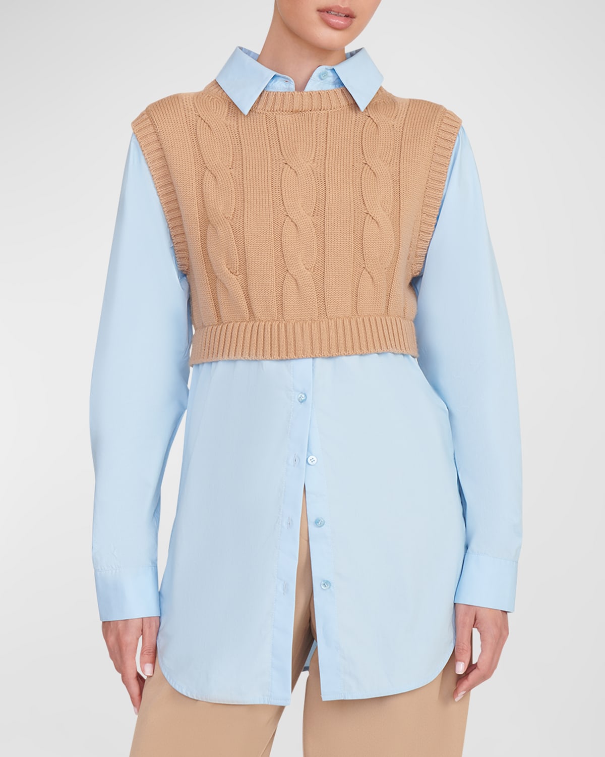 STAUD Cooper Knit Vest and Poplin Long-Sleeve Combo Shirt