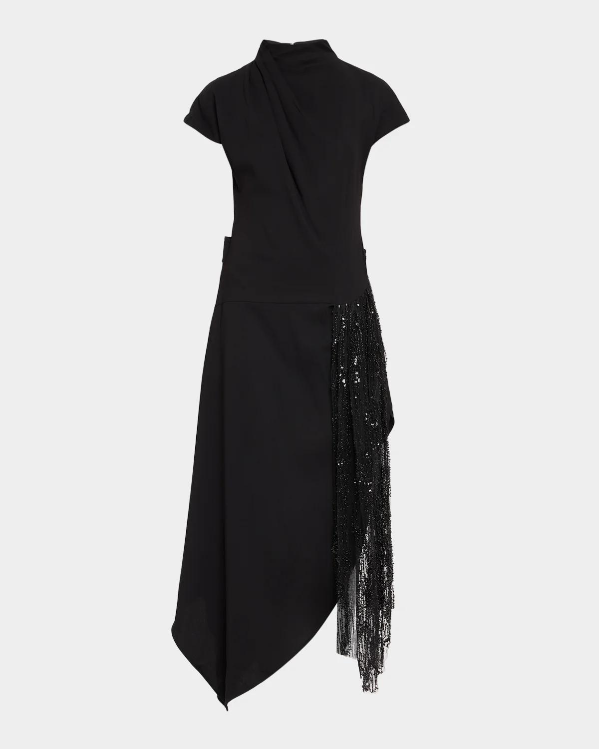 STAUD Effie Embellished Asymmetric High-Neck Dress