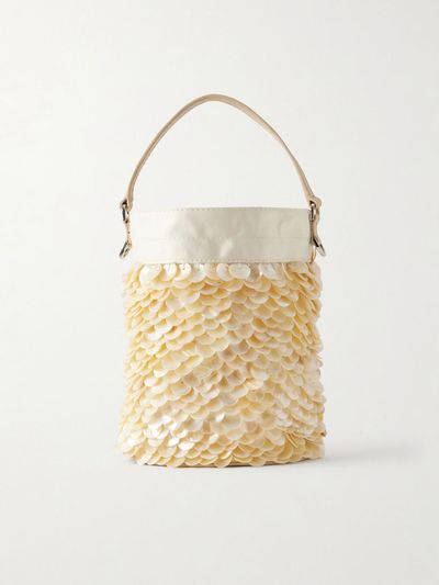 STAUD Lila mini leather-trimmed paillette-embellished twill bucket bag