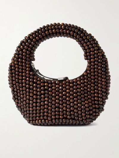 STAUD Reef leather-trimmed beaded wood top-handle bag