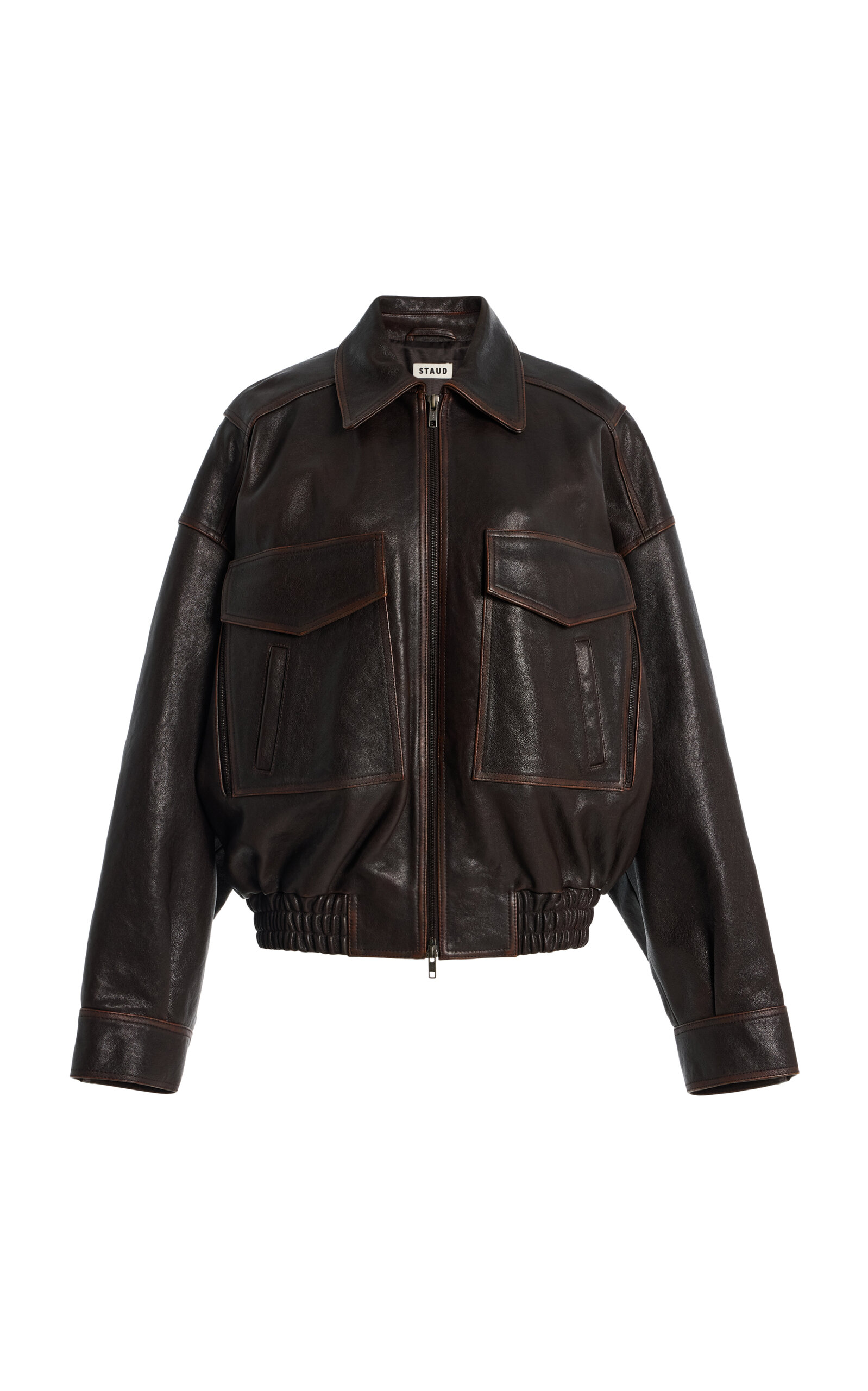STAUD STAUD Eugene Distressed Leather Jacket Brown L