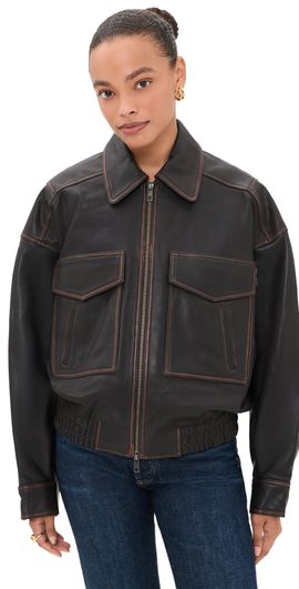 STAUD STAUD Eugene Leather Jacket Distressed Brown