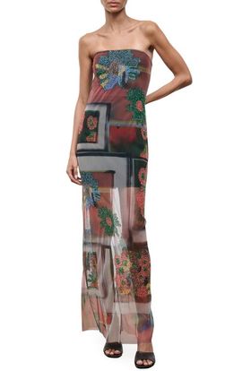 STAUD STAUD Lilian Floral Bead Detail Strapless Mesh Maxi Dress
