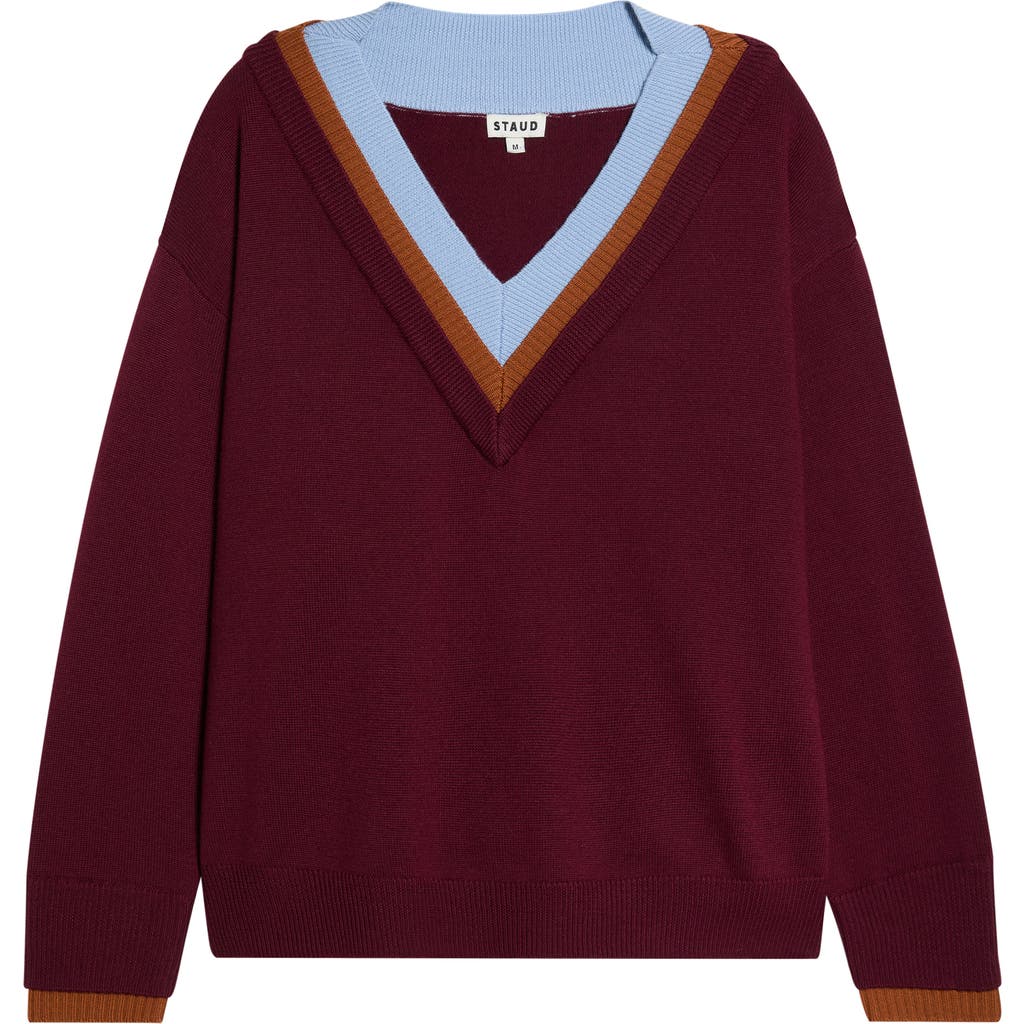 STAUD STAUD Norman Contrast Detail V-Neck Merino Wool Sweater