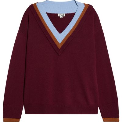 STAUD STAUD Norman Contrast Detail V-Neck Merino Wool Sweater