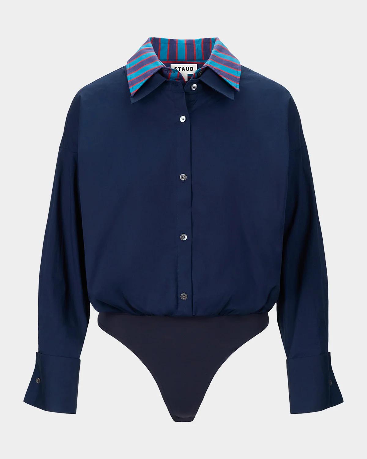 STAUD Uptown Stripe Collar Bodysuit