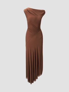 STAUD Women's Amaris Ruched Mesh Asymmetric Maxi Dress