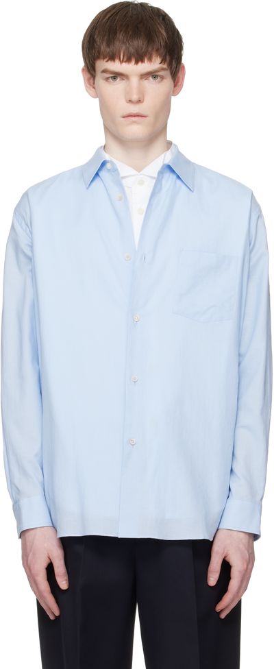 stein stein Blue Cotton Silk Oversized Regular Collar Shirt