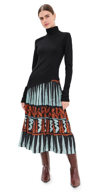 Stella Jean Stella Jean Midi Turtleneck Dress Black/Brown/Light Blue/Rust