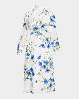 Stella McCartney Floral Print Seersucker Long-Sleeve Midi Dress