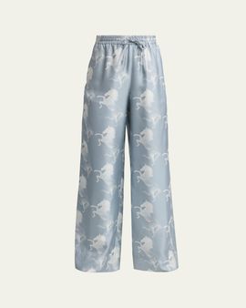 Stella McCartney Horse Printed Silk Twill Wide-Leg Drawstring Pants