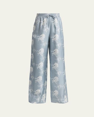 Stella McCartney Horse Printed Silk Twill Wide-Leg Drawstring Pants