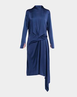 Stella McCartney Scarf-Neck Draped Satin Long-Sleeve Midi Dress