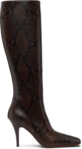 Stella McCartney Stella McCartney Brown Square-Toe Snake Knee-High Stiletto Boots