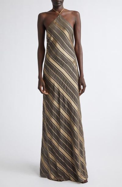Stella McCartney Stella McCartney Metallic Diagonal Stripe Halter Gown