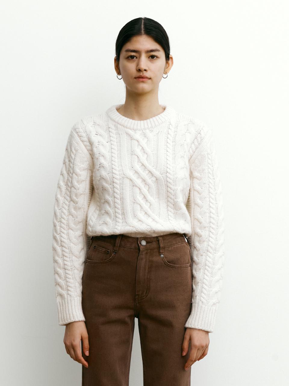 STEP AROUND Cashmere cable cropped knitwear_Light Beige