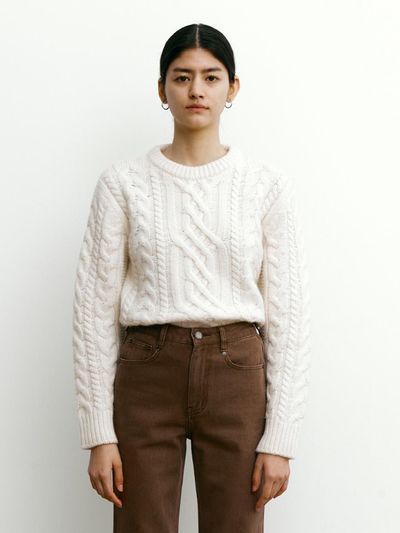 STEP AROUND Cashmere cable cropped knitwear_Light Beige