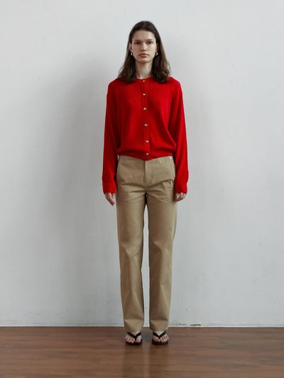 STEP AROUND Front line detail straight cotton pant [BEIGE]