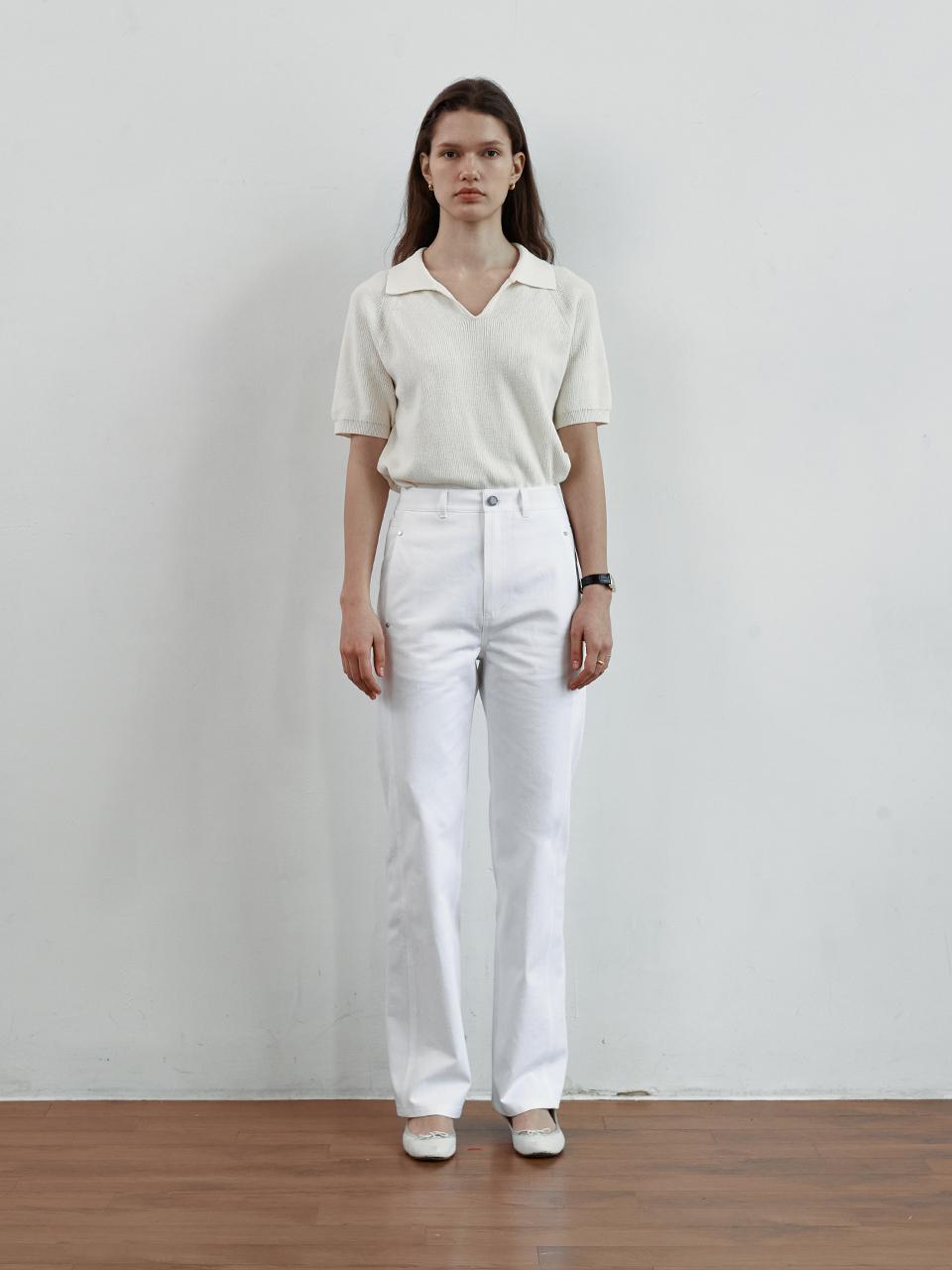 STEP AROUND Front line detail straight cotton pant [White]
