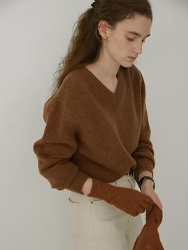 STEP AROUND Merino wool loose-fit V neck knit (BROWN)