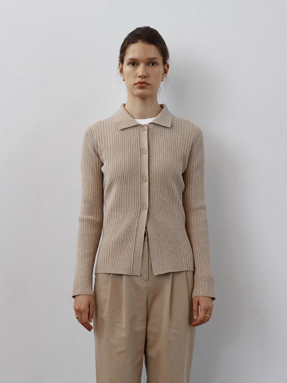 STEP AROUND Multi rib slim fit collar cardigans [BEIGE]