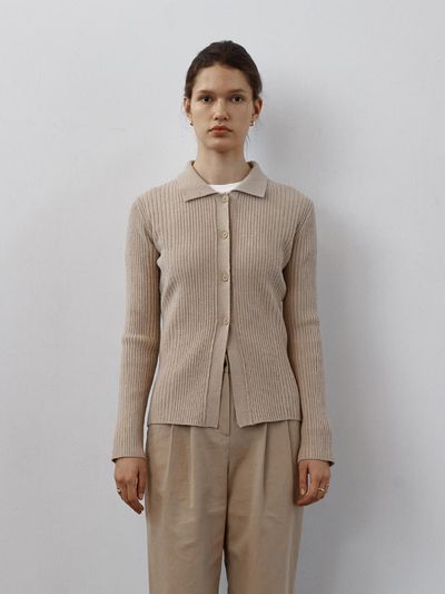 STEP AROUND Multi rib slim fit collar cardigans [BEIGE]