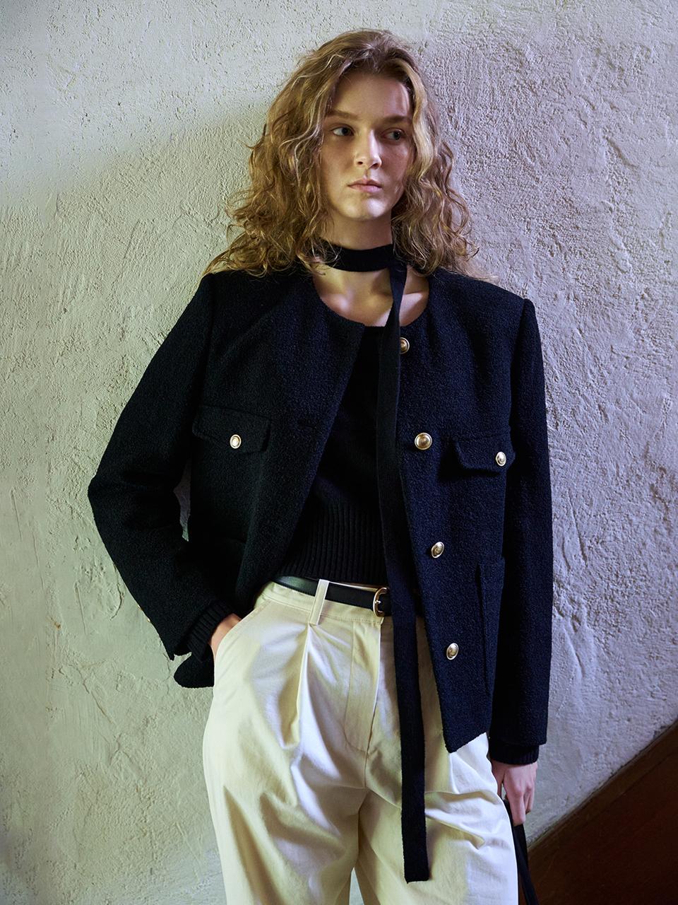 STEP AROUND SET UP - Boucle round wool jacket_BLACK