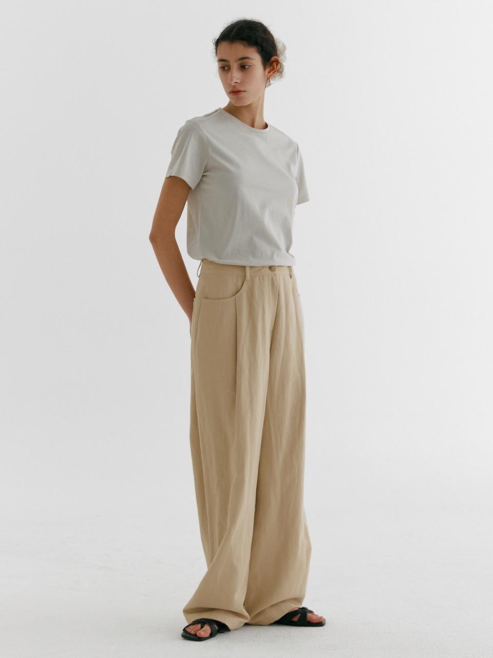STEP AROUND STRAIGHT LINEN TUCK PANTS_BEIGE