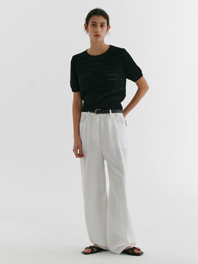 STEP AROUND STRAIGHT LINEN TUCK PANTS_WHITE