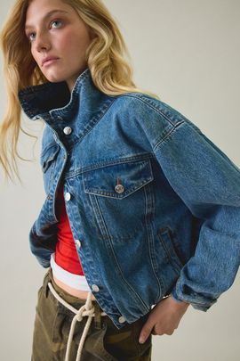 Steve Madden Steve Madden Allyson Funnel Neck Denim Jacket in Imperial Blue, Women's at Urban Outfitters