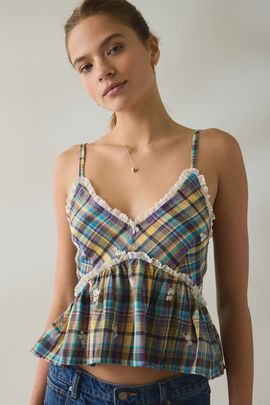 Steve Madden Steve Madden Bryna Ruffle Babydoll Tank Top in Plaid, Women's at Urban Outfitters