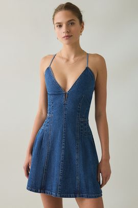 Steve Madden Steve Madden Lace-Up Open Back Seamed Denim Mini Dress in Tinted Denim, Women's at Urban Outfitters