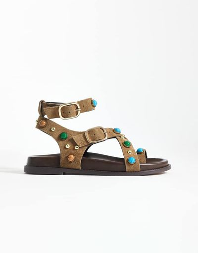 Steve Madden Steve Madden Linear studded footbed sandals with buckle strap in taupe suede-Neutral