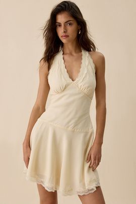 Steve Madden Steve Madden Liza Lace Trim Halter Mini Dress in Yellow, Women's at Urban Outfitters