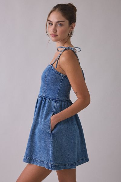 Steve Madden Steve Madden Meaghan Tie-Strap Denim Mini Dress in Tinted Denim, Women's at Urban Outfitters
