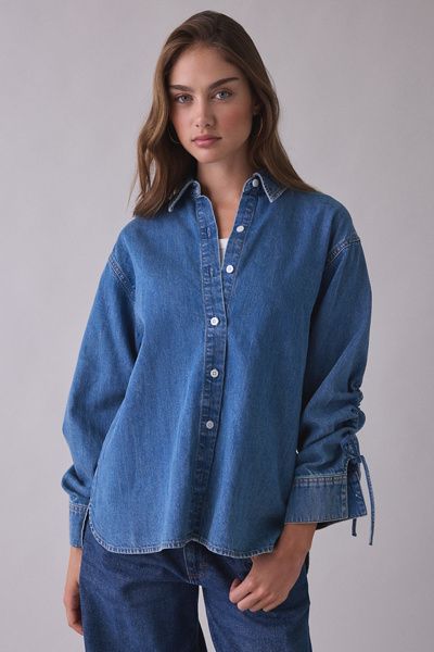 Steve Madden Steve Madden Merrit Ruched Tie-Sleeve Denim Button-Down Shirt in Tinted Denim, Women's at Urban Outfitters